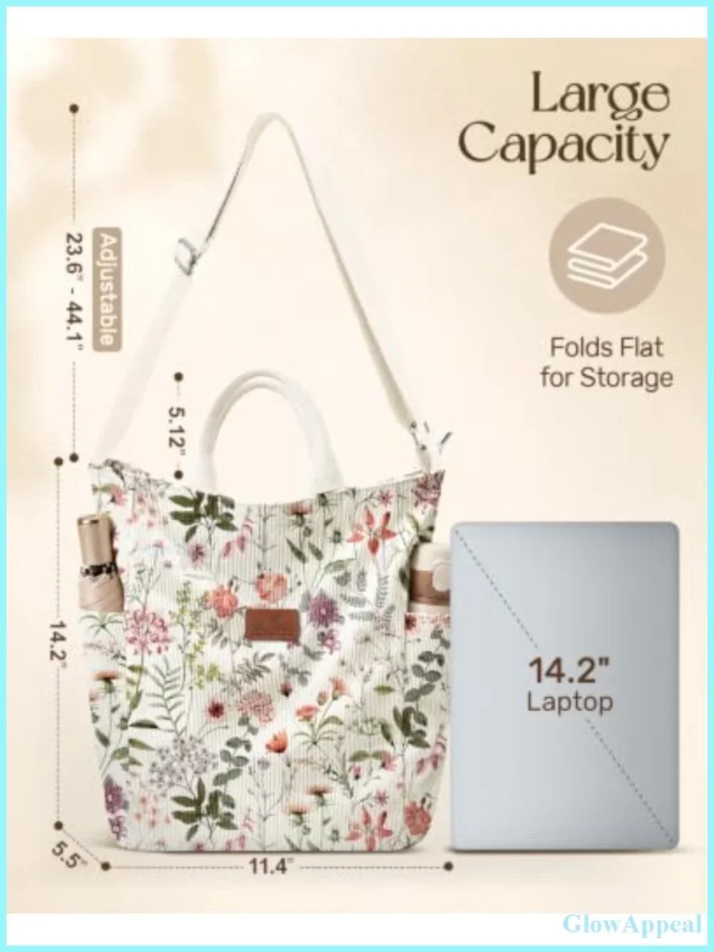 Corduroy Crossbody Tote Bag with Zipper, Adjustable Strap, Roomy Daily Tote